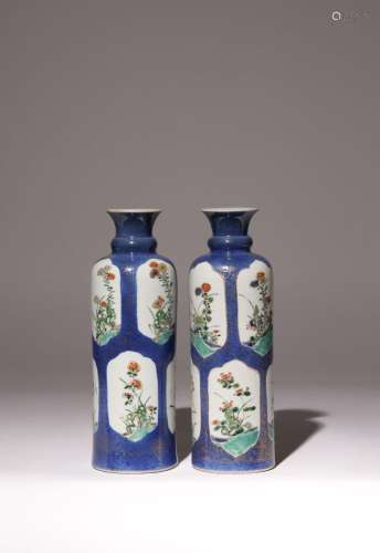 A NEAR PAIR OF CHINESE FAMILLE VERTE CYLINDRICAL VASES