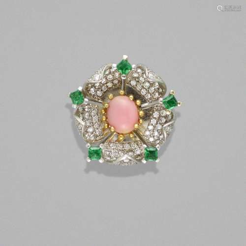 Pink Non-nacreous Pearl and Diamond Flower-form Ring