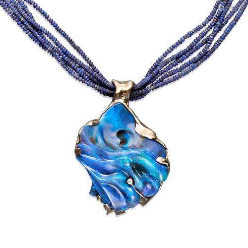 Carved Black Opal and Diamond Pendant&#8212;"Aqua P...