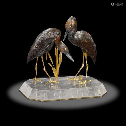 Rare Liddicotite Carving of Two Cranes on Rock Crystal Base