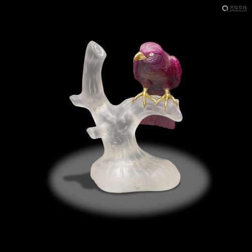 Ruby Carving of a Falcon on Rock Crystal Quartz Base