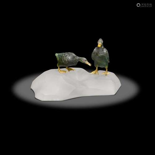 Green Tourmaline Carving of Two Ducks on Quartz Base