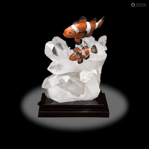 Eosite Orange Agate Carving of Two Clown Fish by Peter Mulle...