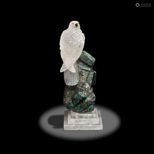 Monumental Rock Crystal Carving of a Falcon on an Emerald Ba...