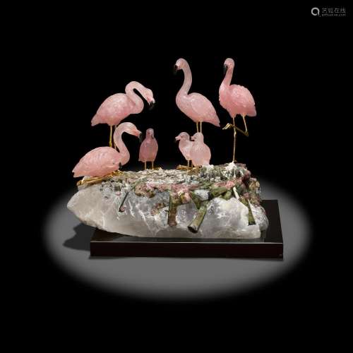 Rose Quartz Carving of a Flamboyance of Flamingos by Peter M...