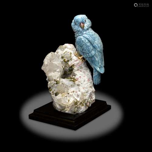 Aquamarine Cockatoo on a Tourmaline Base by Peter Muller