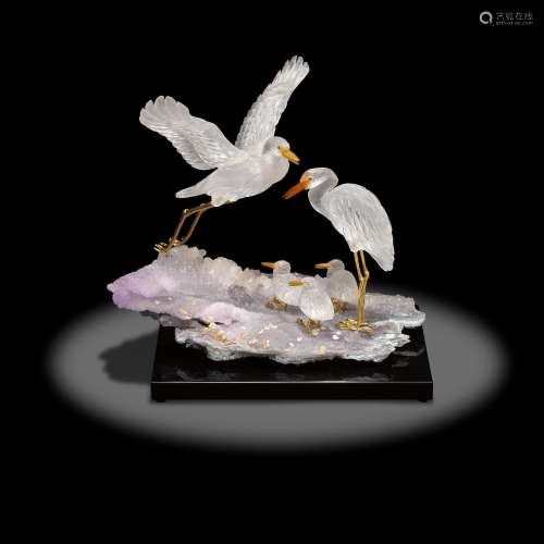 Rock Crystal Carving of a Stork Family on an Amethyst Base b...