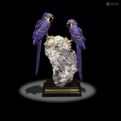 Lapis Lazuli Carving of a Pair of Macaws by Peter Muller