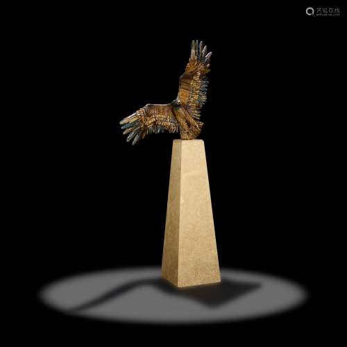 Monumental Tiger's Eye Sculpture of an Eagle on a Marble Bas...