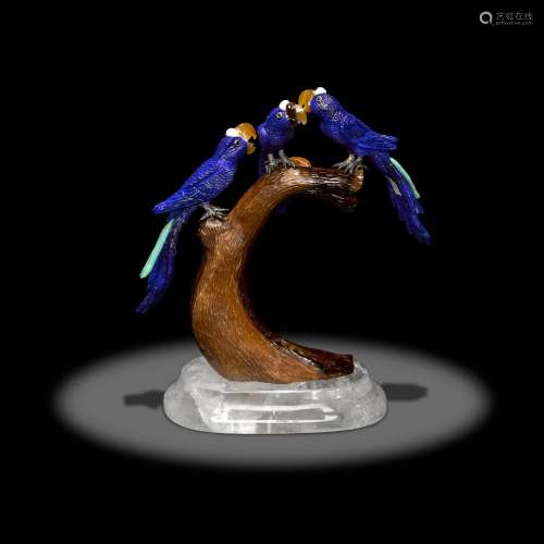 Lapis Lazuli Carving of Three Parrots on a Branch by Luis Al...