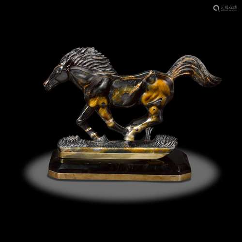 Fine Hawk's Eye Quartz Carving Depicting a Galloping Horse b...