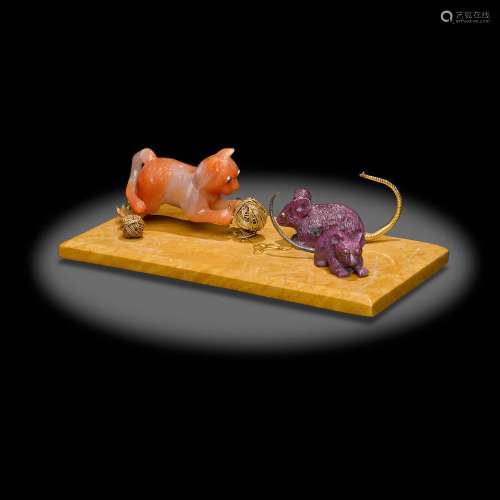 Eosite Quartz Carving of a Cat with Ruby Mice by Luis Albert...