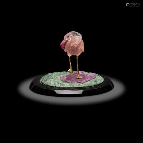 Gem-quality Pink Fluorite Carving of a Flamingo by Luis Albe...