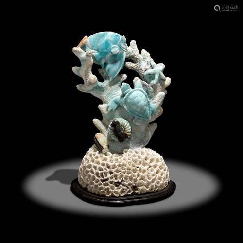 Large Blue Quartz Carving Depicting Sealife--Sea Turtles and...