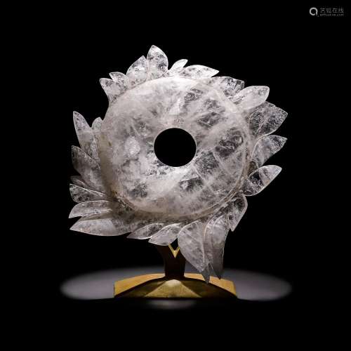 Carved Rock Crystal Quartz "Bi" Disc with Stand