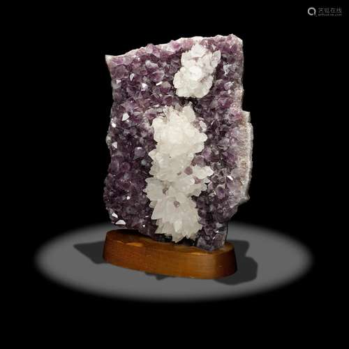 Calcite with Amethyst on Wooden base