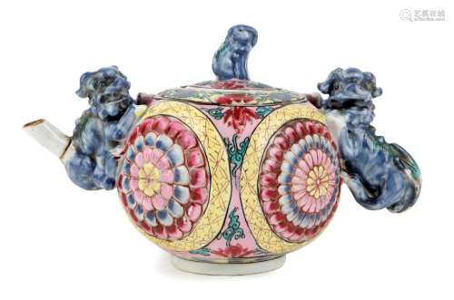 A Chinese porcelain famille rose moulded teapot and cover, Y...