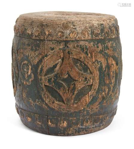 A Chinese carved wood barrel-form stand, 19th century, carve...