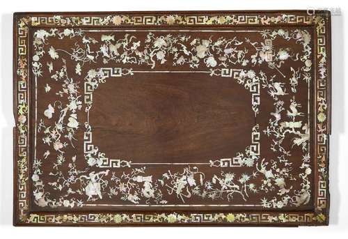 A Chinese hardwood rectangular mother of pearl inlaid tray, ...