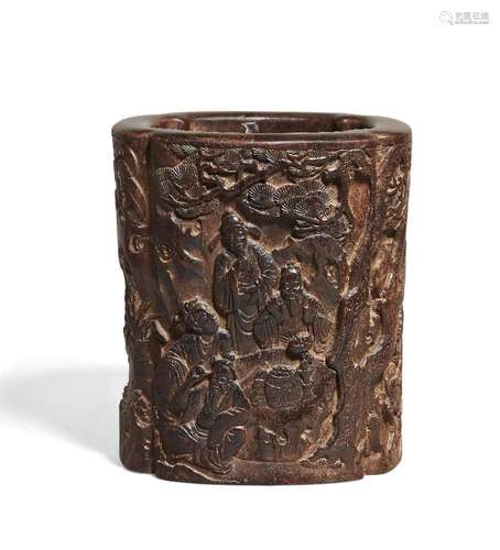 A Chinese carved zitan 'scholars and boys' brush pot, 20th c...