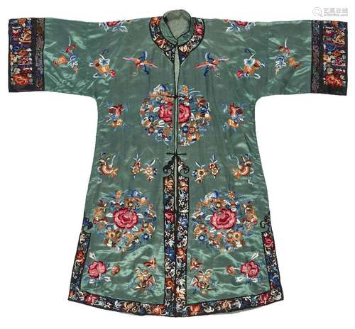 A Chinese silk embroidered turquoise-ground robe, 20th centu...