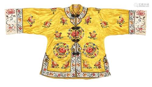 A Chinese silk embroidered yellow-ground jacket, a red-groun...