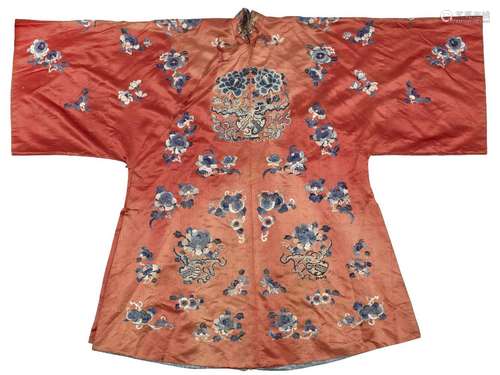 A Chinese silk embroidered coral-ground robe, early 20th cen...