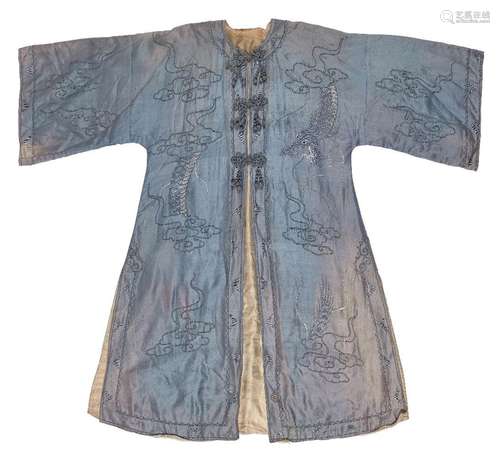 A Chinese silk embroidered pale-blue ground 'dragon' robe, e...