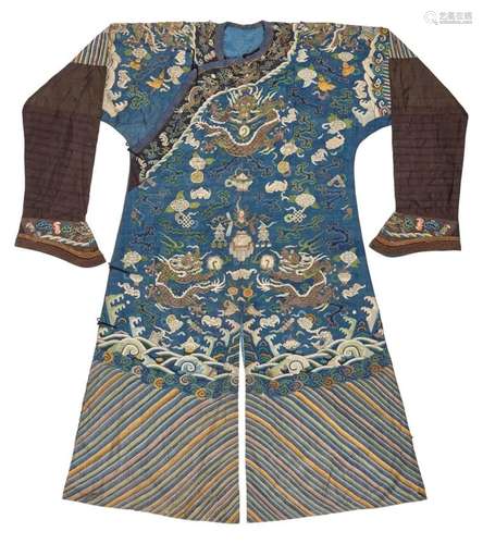 A Chinese kesi woven silk blue 'nine dragons' robe, 19th cen...