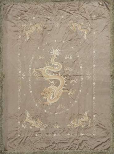 A large Chinese silk embroidered 'dragon' throw, early 20th ...