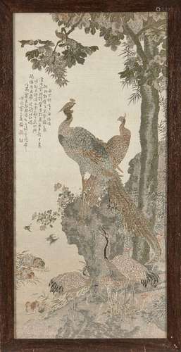 A Chinese embroidered picture of two pheasants, early 20th c...