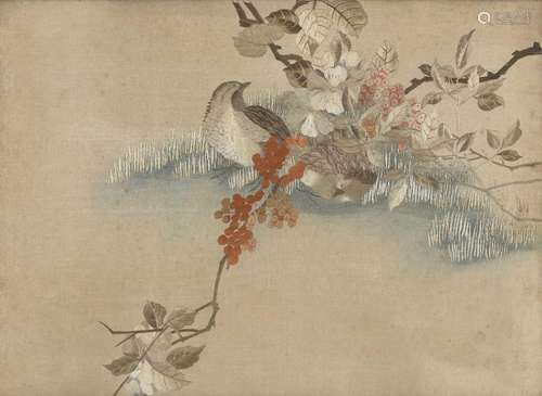 A Chinese silk-embroidered picture of a pair of quails, late...