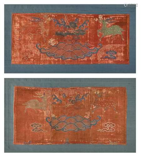 Two Chinese silk brocade 'deer' panels, Ming dynasty, each d...