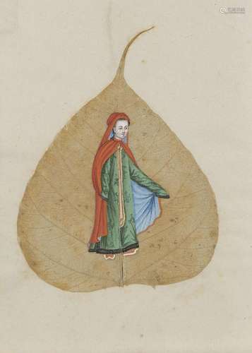 A Chinese album of twelve gouache portraits on Bodhi leaves,...