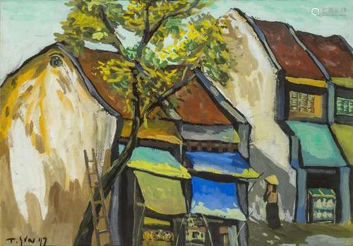 T. SON (20th century), oil on paper, figure in a street, sig...