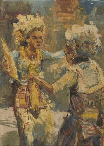 South East Asian school, oil on canvas, ladies in traditiona...