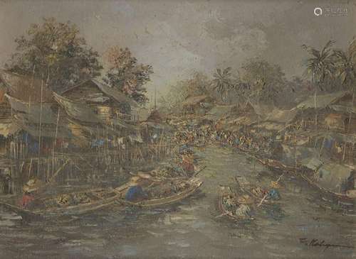 20th century South East Asian School, oil on canvas, busy vi...