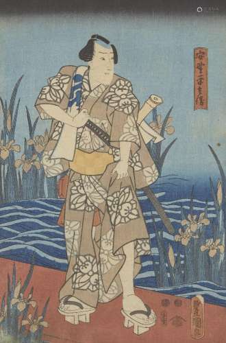 UTAGAWA TOYOKUNI (1786-1864), woodblock,<br />
actor carryin...