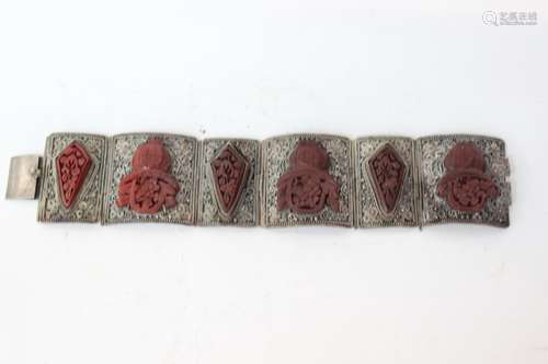 Chinese Silver Filigree Bangle w Cinnerbar