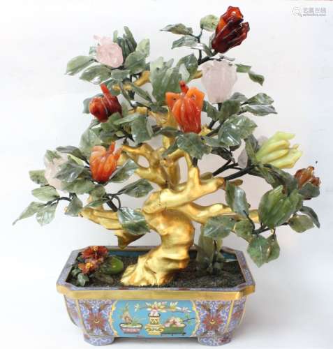 Chinese Jade&Agate Flower Tree w Cloisonne Planter