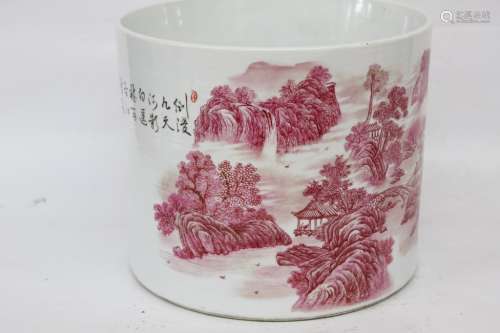 Chinese Glazed Porcelain Brushpot w Calligrahpy,Ma