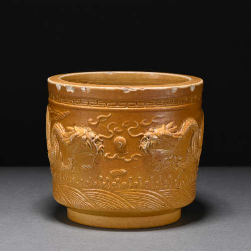 A yellow glazed 'dragon' column censer,Qing dynasty