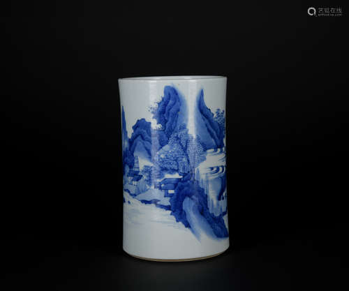 A blue and white 'landscape' pen container