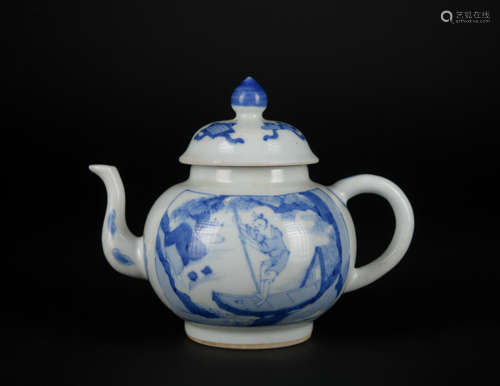 A blue and white 'figure' ewer