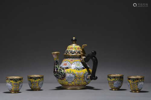 A set of enamel 'floral' tea-pot and tea-cup