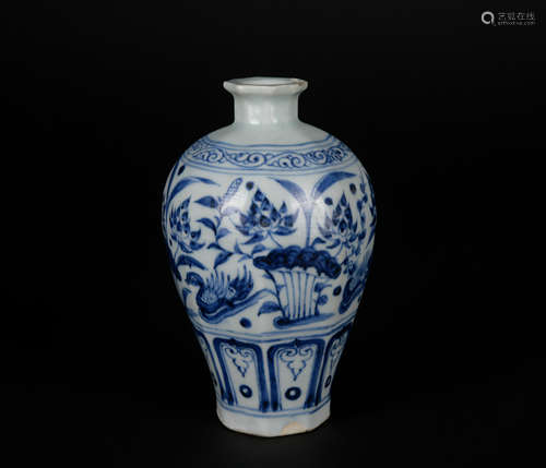 A blue and white 'floral and birds' Meiping