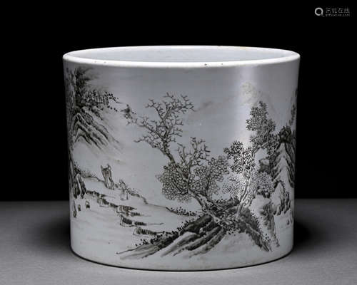 A grisaille-painted 'landscape' pen container