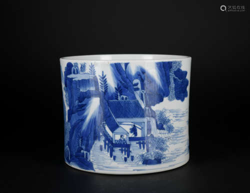 A blue and white 'figure' pen container