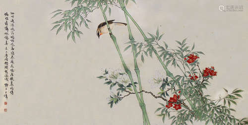 王师子 花鸟 纸本镜片