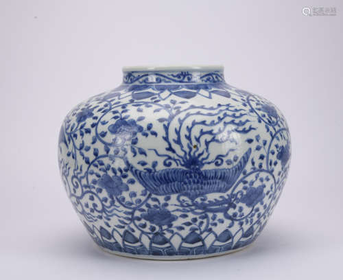 A blue and white 'floral and phoenix' jar